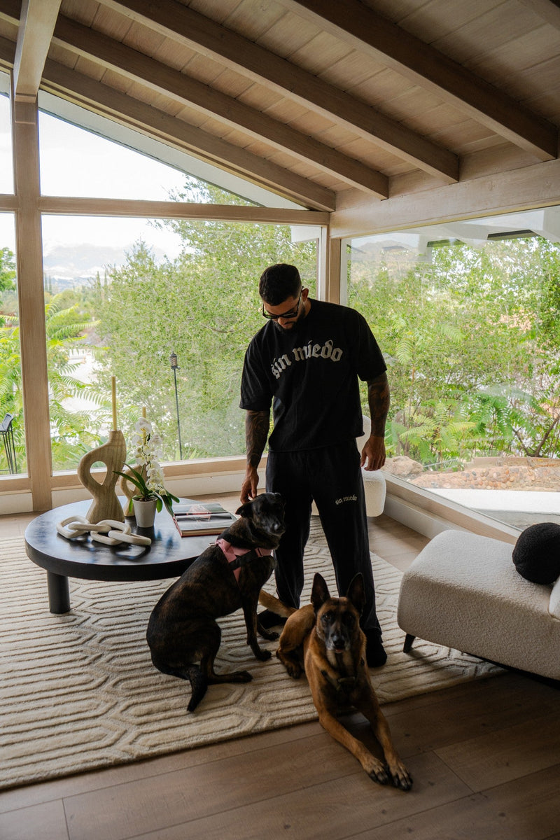 Sin Miedo front logo tee, worn at home