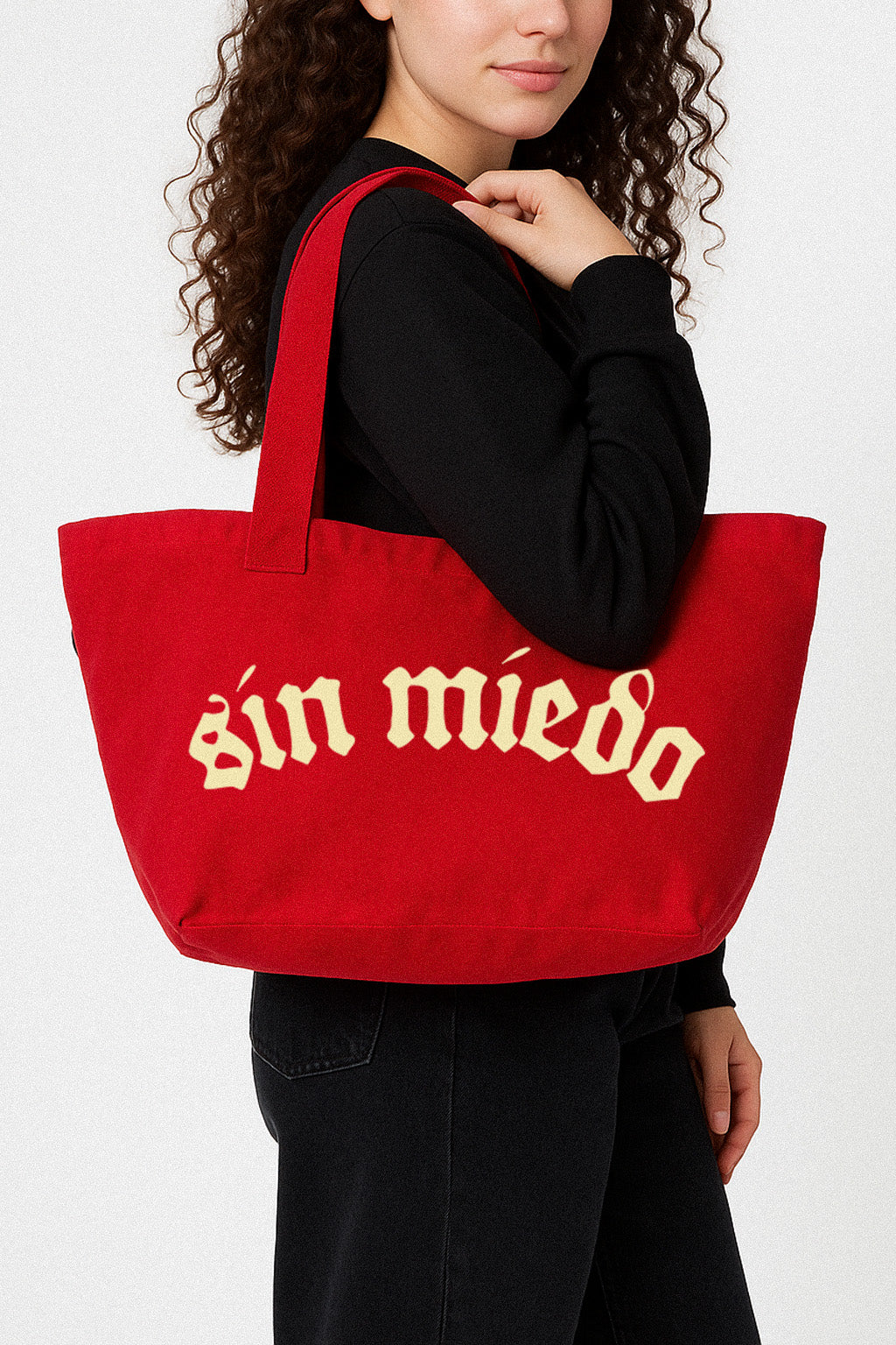 Rojo zip up denim tote by Sin Miedo, made in Los Angeles