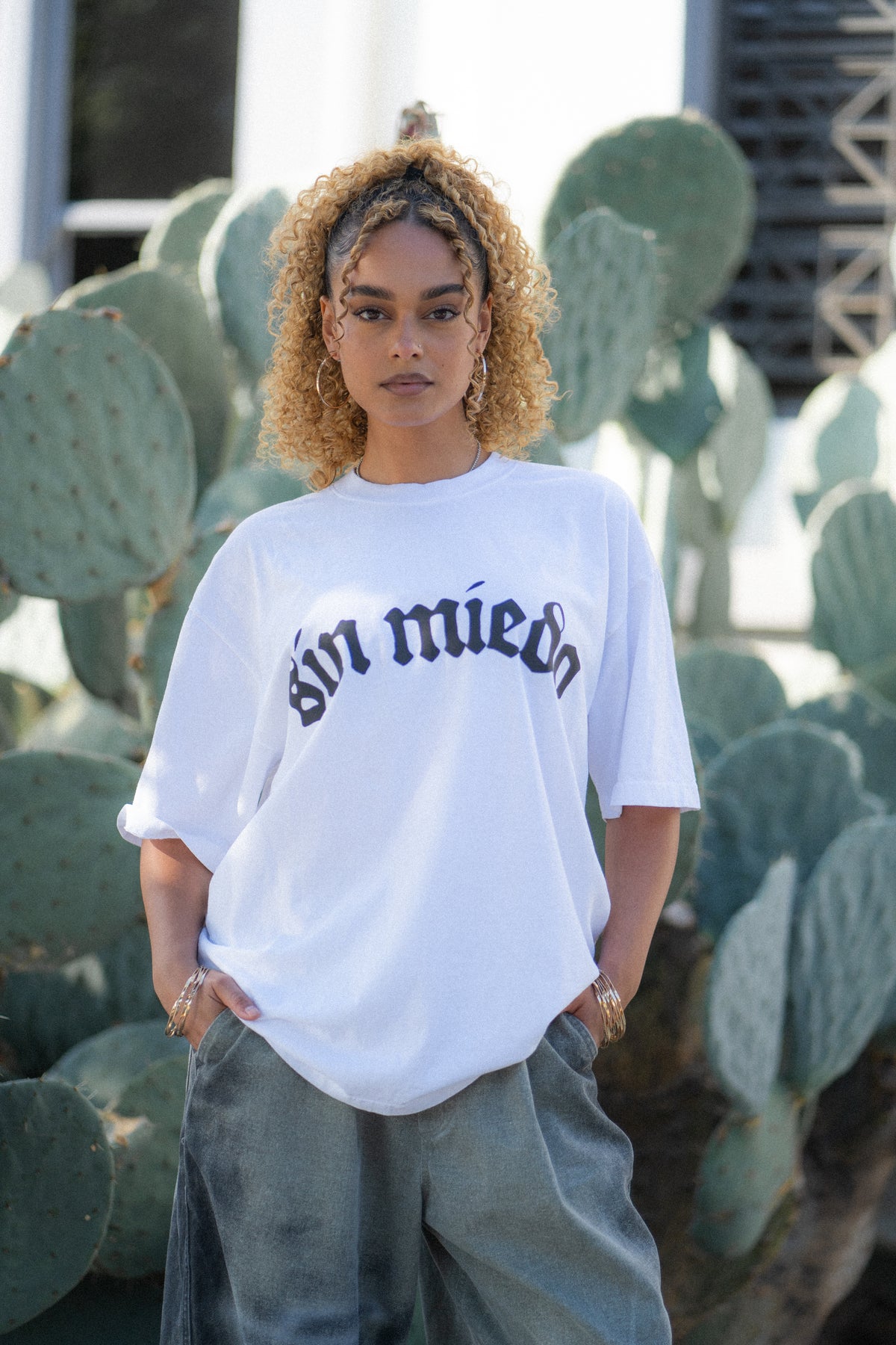 Sin Miedo front logo tee, worn