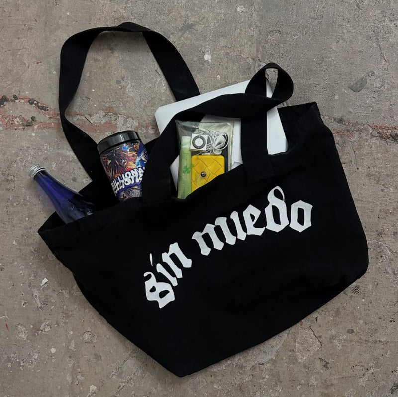 Black denim Sin Miedo tote bag, made in Los Angeles