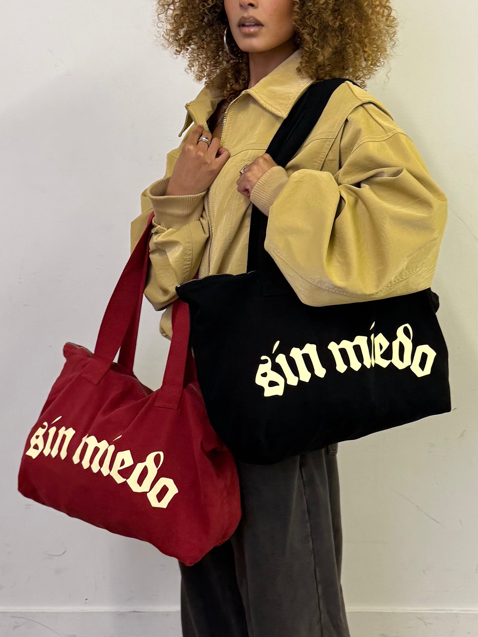 Sin Miedo zip up denim totes, made in Los Angeles