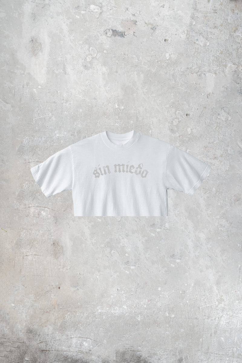White Cemento crop top by Sin Miedo, made in Los Angeles