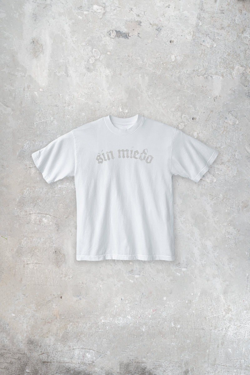 White Cemento tee by Sin Miedo, made in Los Angeles