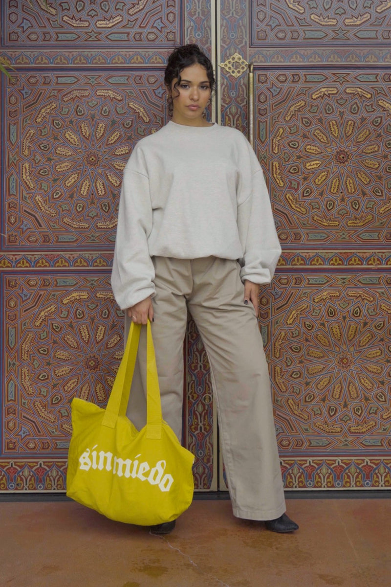 Sol zip up denim tote, styled on location