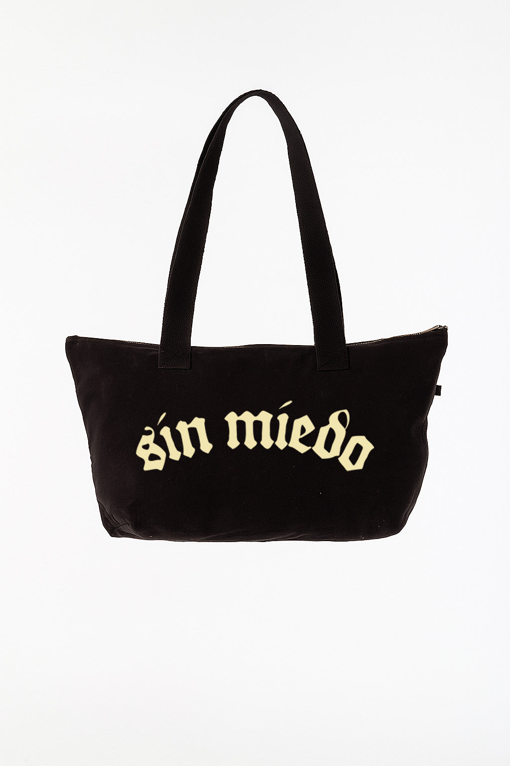 Black Cafe zip up denim tote by Sin Miedo, made in Los Angeles