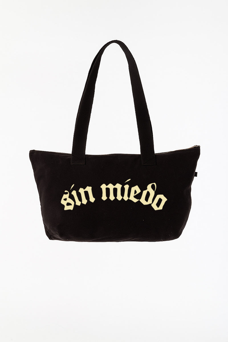 Black Cafe zip up denim tote by Sin Miedo, made in Los Angeles