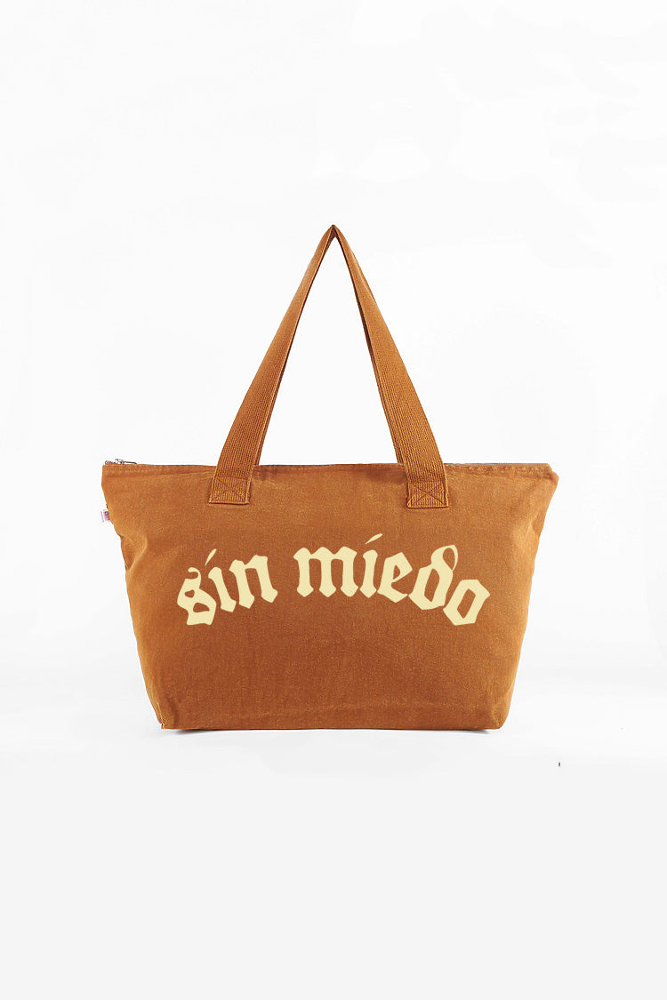 Caramelo zip up denim tote by Sin Miedo, made in Los Angeles