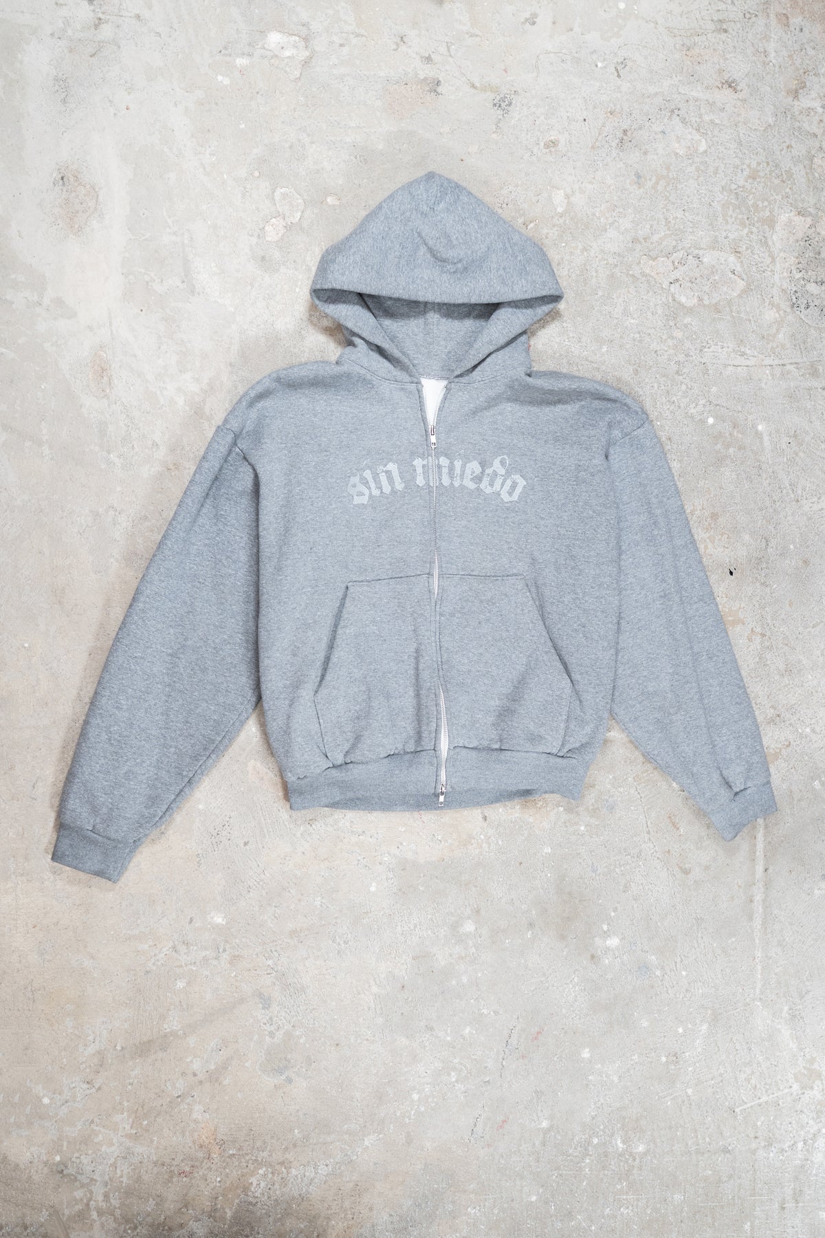 Grey Cemento zip up hoodie by Sin Miedo, made in Los Angeles