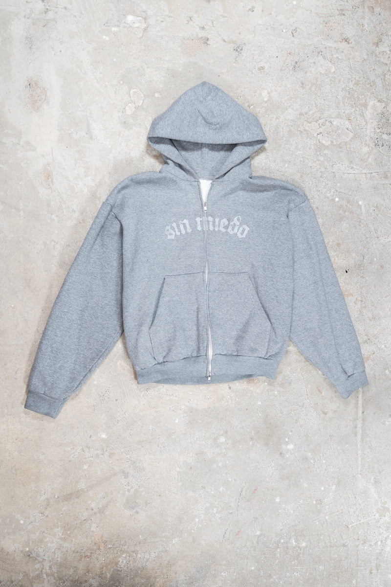 Grey Cemento zip up hoodie by Sin Miedo, made in Los Angeles
