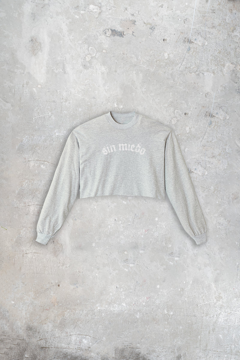 Grey long sleeve crop top by Sin Miedo, made in Los Angeles